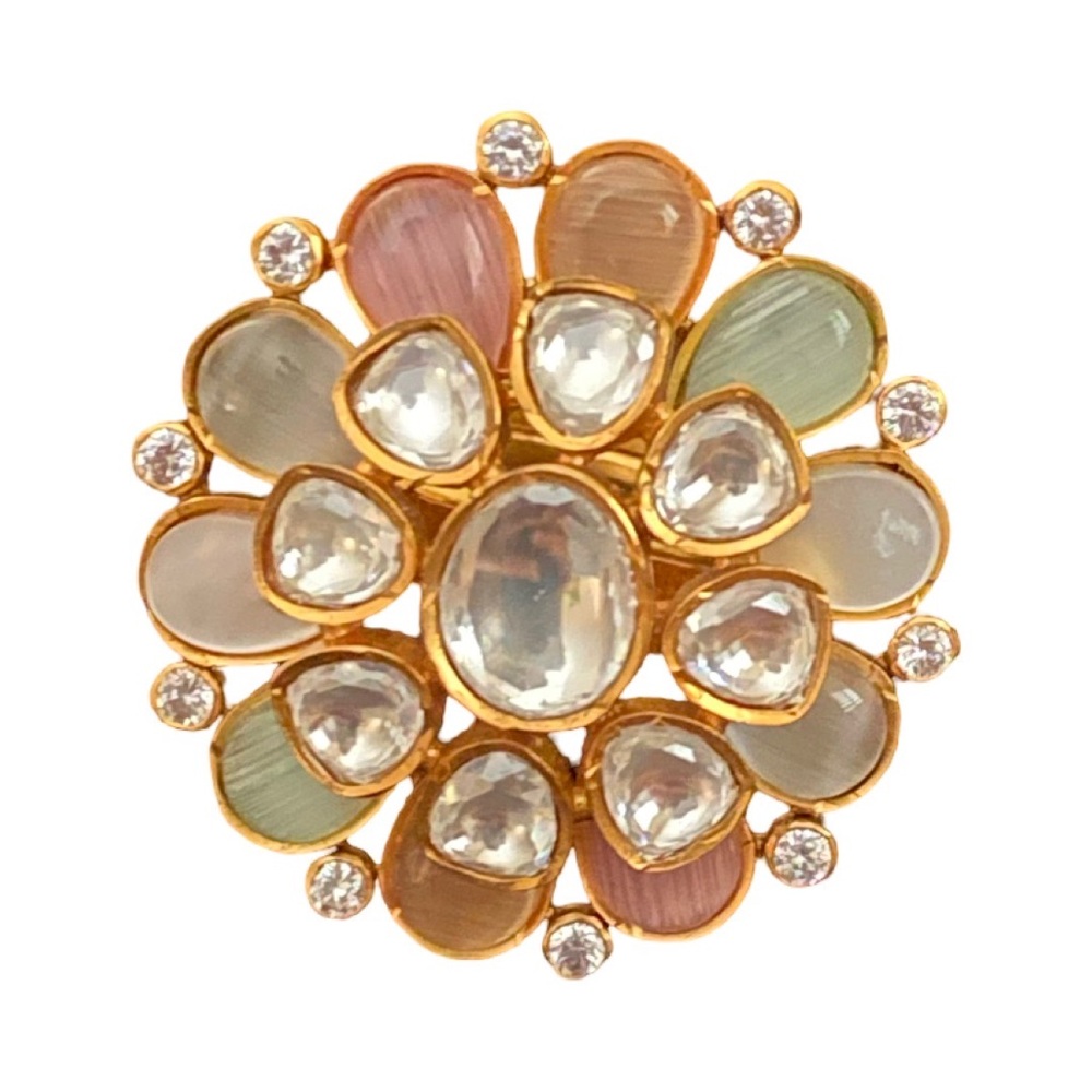 Indian Women’s Wedding Gold Polki Kundan Multicolor Floral Adjustable Ring